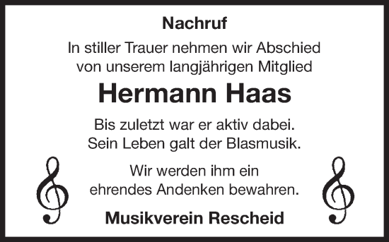 Traueranzeige von Hermann Haas von WochenSpiegel
