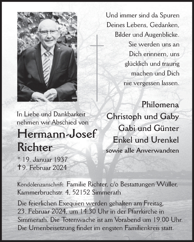  Traueranzeige für Hermann-Josef Richter vom 21.02.2024 aus WochenSpiegel