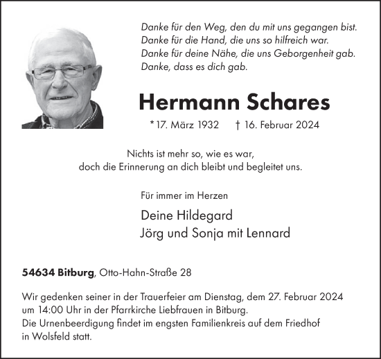 Traueranzeige von Hermann Schares von WochenSpiegel