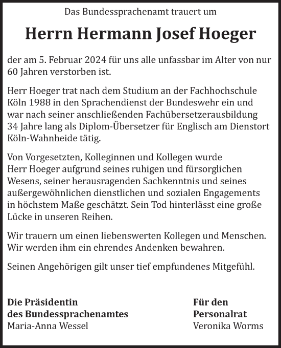Traueranzeige von Hermann Josef Hoeger von WochenSpiegel
