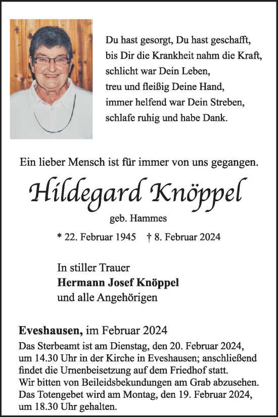 Traueranzeige von Hildegard Knöppel von WochenSpiegel