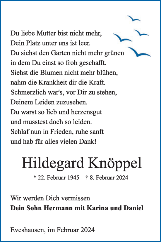 Traueranzeige von Hildegard Knöppel von WochenSpiegel