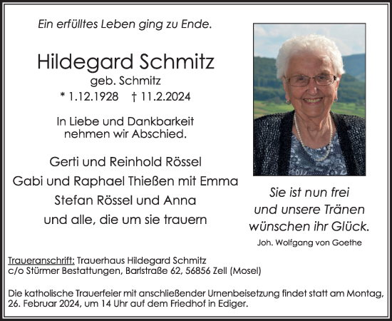 Traueranzeige von Hildegard Schmitz von WochenSpiegel
