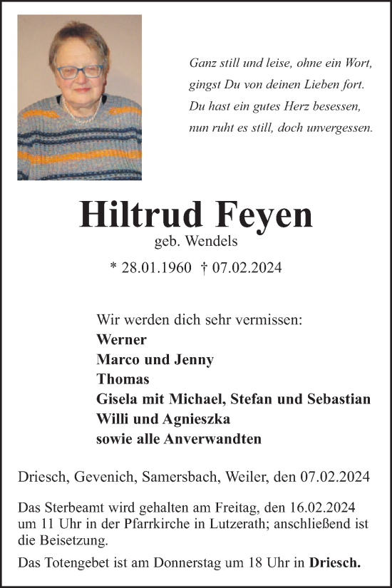 Traueranzeige von Hiltrud Feyen von WochenSpiegel