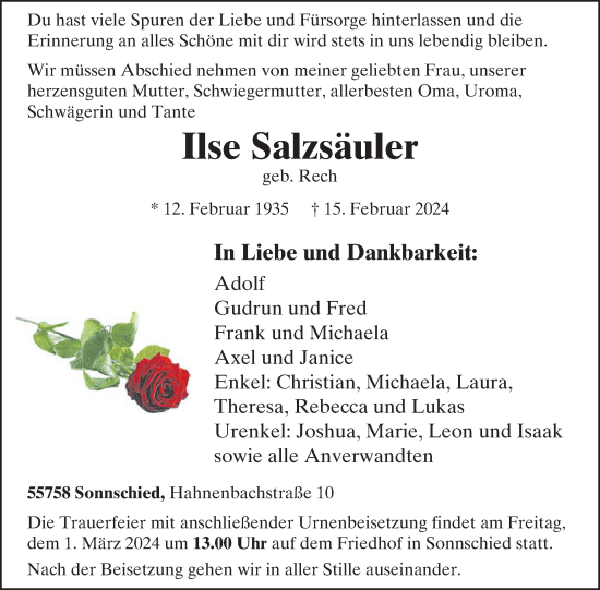Traueranzeige von Ilse Salzsäuler von WochenSpiegel
