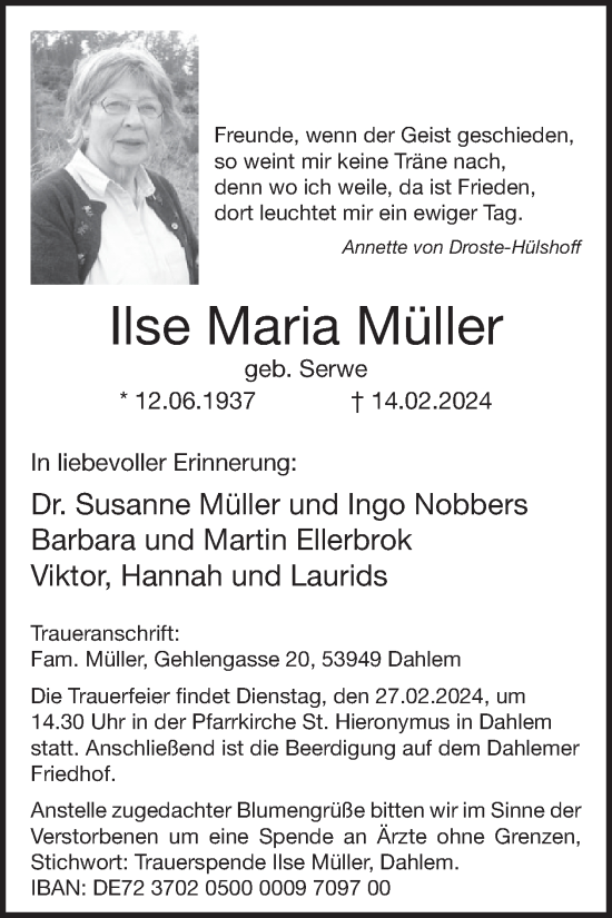 Traueranzeige von Ilse Maria Müller von WochenSpiegel