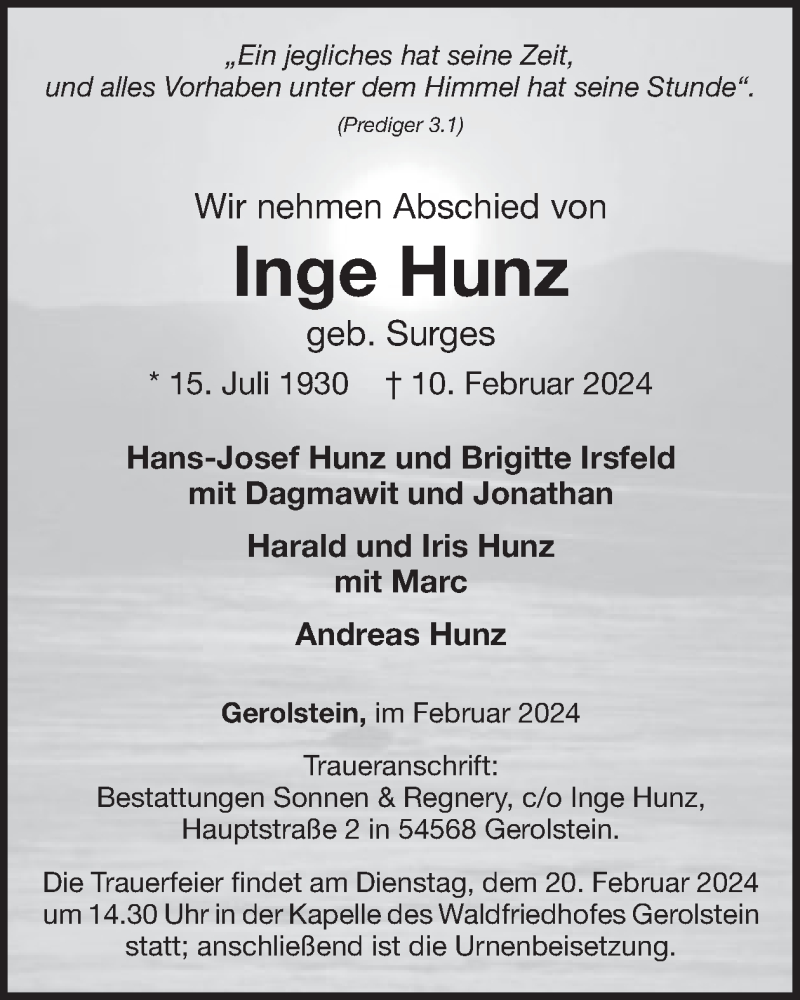  Traueranzeige für Inge Hunz vom 17.02.2024 aus WochenSpiegel