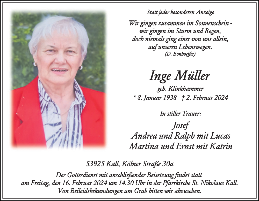  Traueranzeige für Inge Müller vom 07.02.2024 aus WochenSpiegel