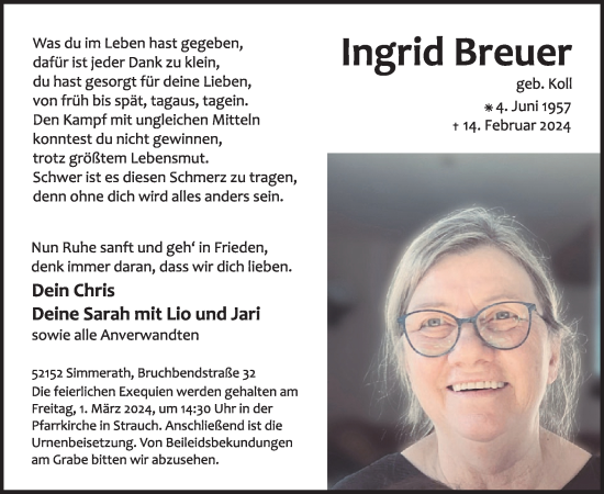 Traueranzeige von Ingrid Breuer von WochenSpiegel