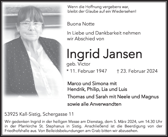 Traueranzeige von Ingrid Jansen von WochenSpiegel