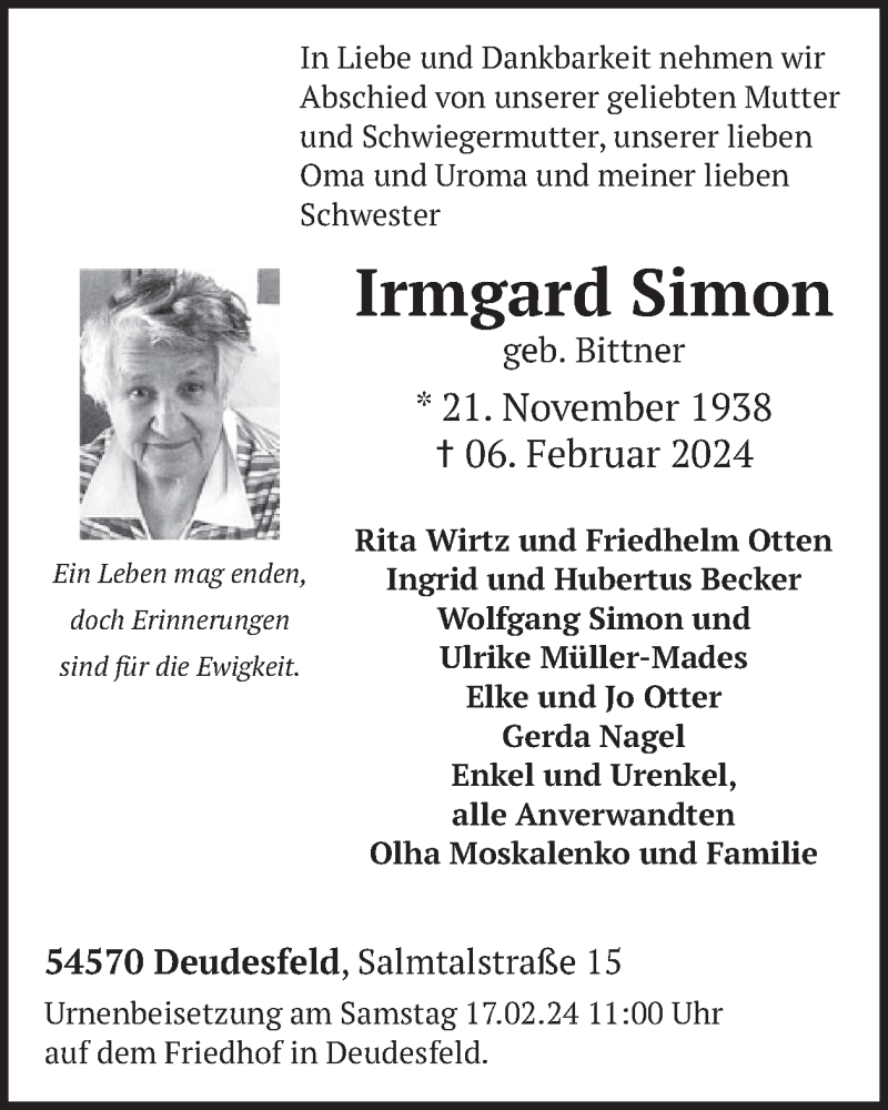  Traueranzeige für Irmgard Simon vom 17.02.2024 aus WochenSpiegel
