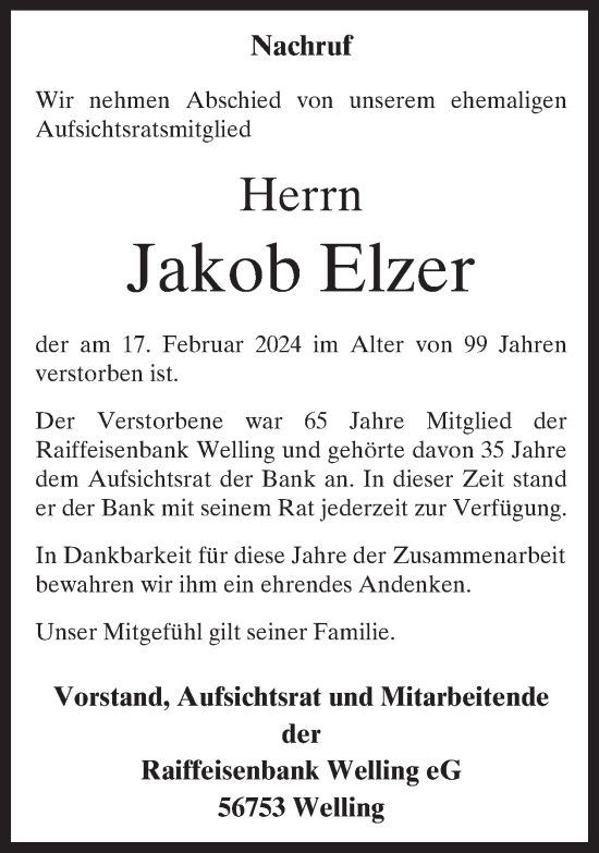 Traueranzeige von Jakob Elzer von WochenSpiegel