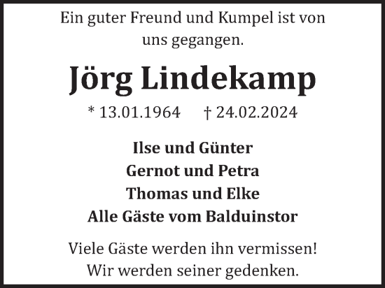 Traueranzeige von Jörg Lindekamp von WochenSpiegel