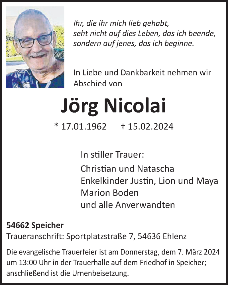  Traueranzeige für Jörg Nicolai vom 23.02.2024 aus WochenSpiegel