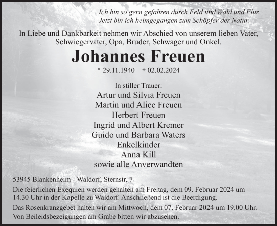 Traueranzeige von Johannes Freuen von WochenSpiegel