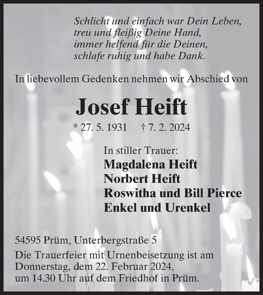  Traueranzeige für Josef Heift vom 16.02.2024 aus WochenSpiegel