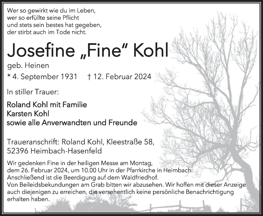  Traueranzeige für Josefine Kohl vom 21.02.2024 aus WochenSpiegel