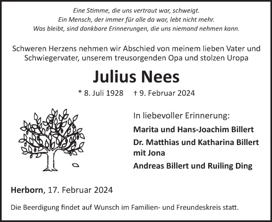 Traueranzeige von Julius Nees von WochenSpiegel