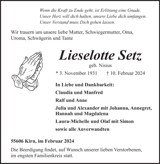 Traueranzeige von Lieselotte Setz von WochenSpiegel