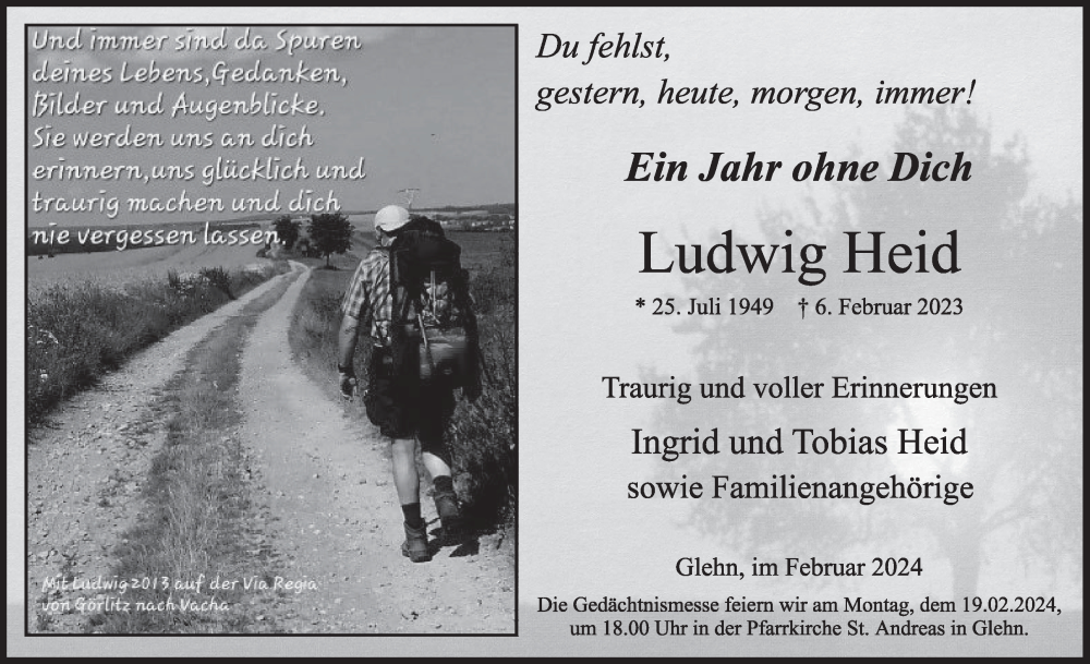  Traueranzeige für Ludwig Heid vom 07.02.2024 aus WochenSpiegel