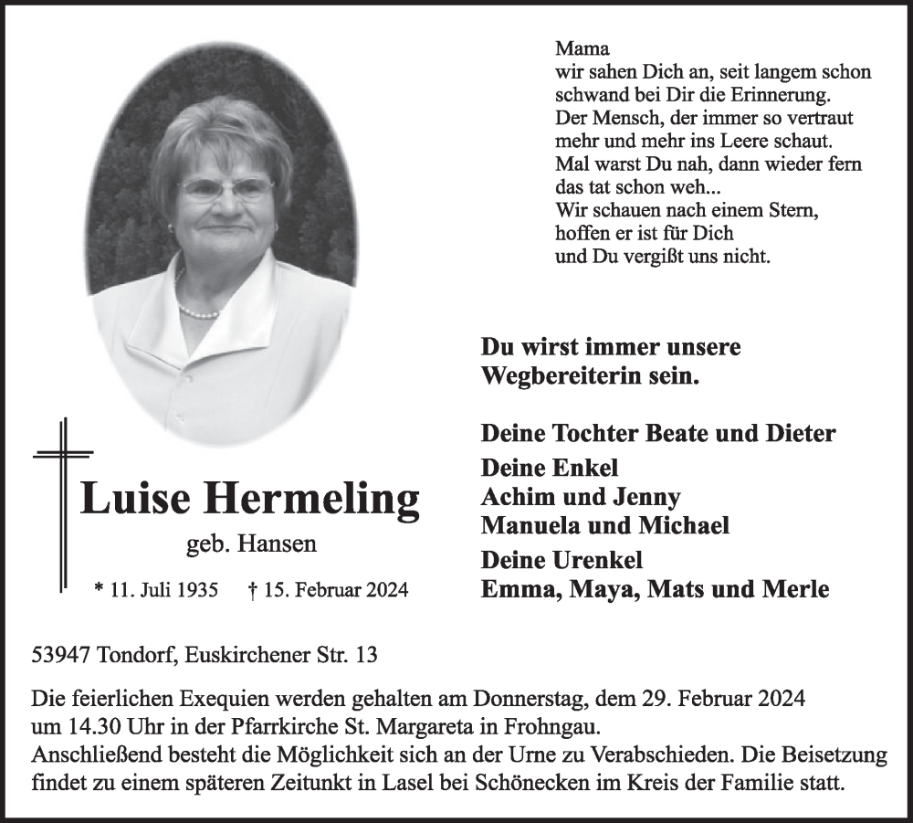  Traueranzeige für Luise Hermeling vom 28.02.2024 aus WochenSpiegel
