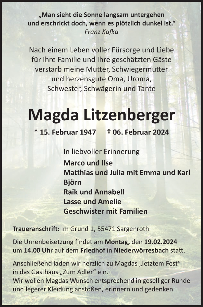  Traueranzeige für Magda Litzenberger vom 17.02.2024 aus WochenSpiegel
