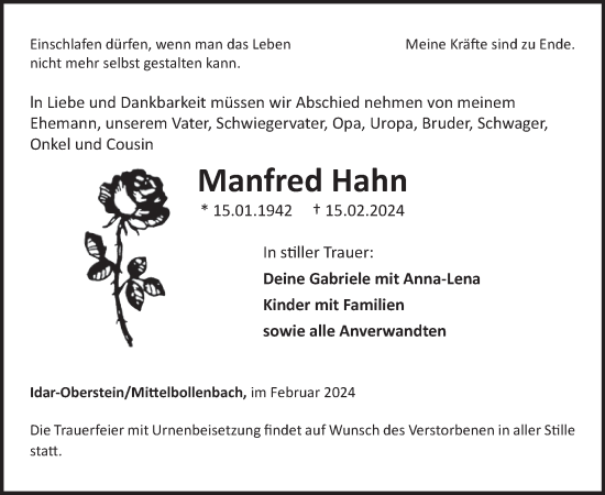 Traueranzeige von Manfred Hahn von WochenSpiegel