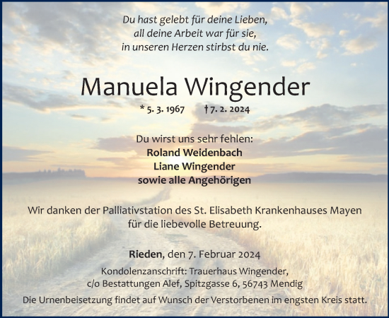 Traueranzeige von Manuela Wingender von WochenSpiegel