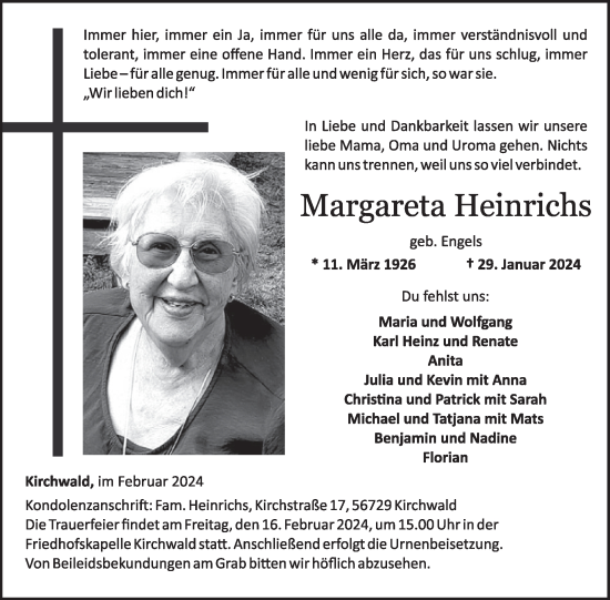 Traueranzeige von Margareta Heinrichs von WochenSpiegel