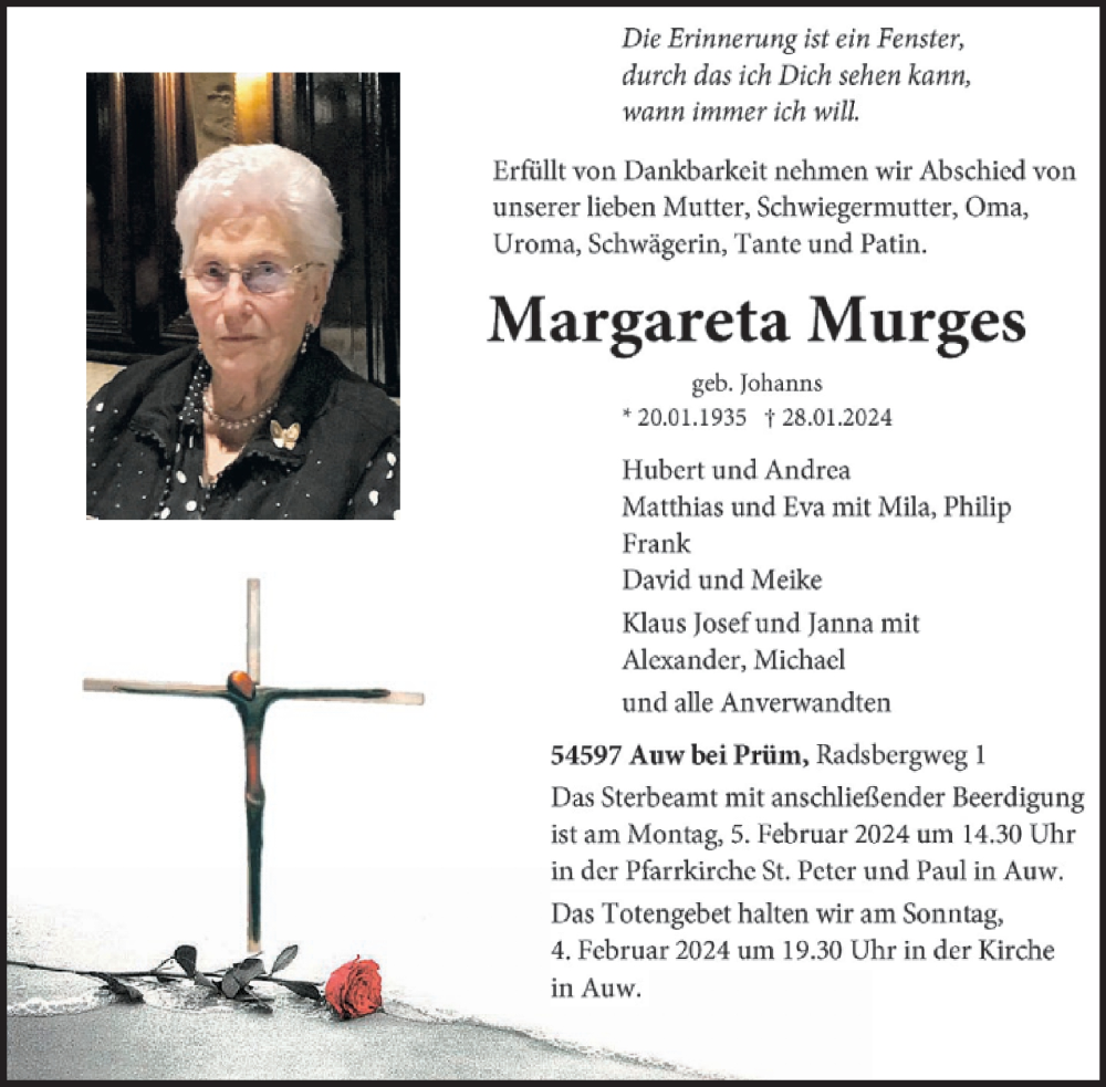  Traueranzeige für Margareta Murges vom 02.02.2024 aus WochenSpiegel