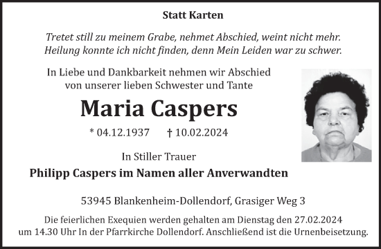 Traueranzeige von Maria Caspers von WochenSpiegel