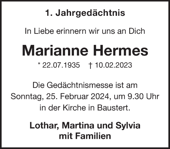 Traueranzeige von Marianne Hermes von WochenSpiegel