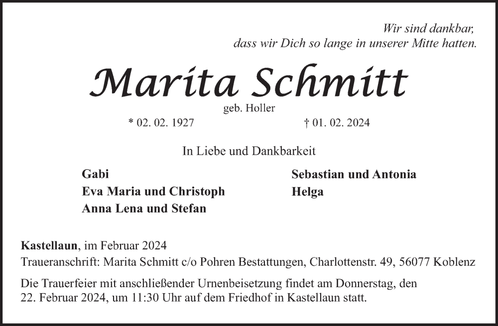  Traueranzeige für Marita Schmitt vom 17.02.2024 aus WochenSpiegel