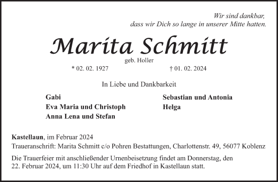 Traueranzeige von Marita Schmitt von WochenSpiegel