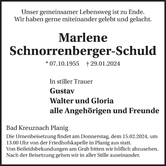 Traueranzeige von Marlene Schnorrenberger-Schuld von WochenSpiegel