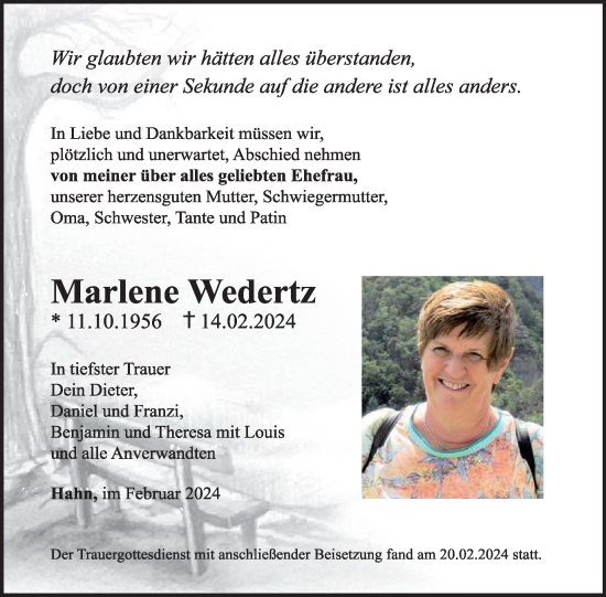 Traueranzeige von Marlene Wedertz von WochenSpiegel