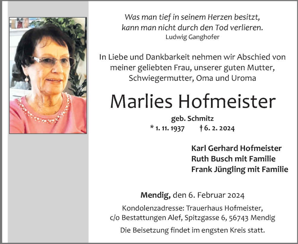  Traueranzeige für Marlies Hofmeister vom 14.02.2024 aus WochenSpiegel