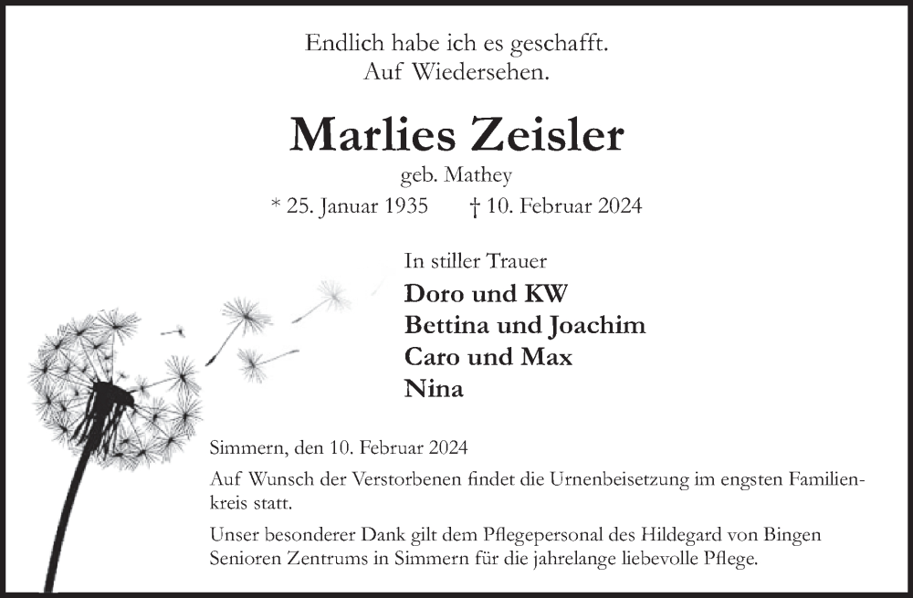  Traueranzeige für Marlies Zeisler vom 17.02.2024 aus WochenSpiegel