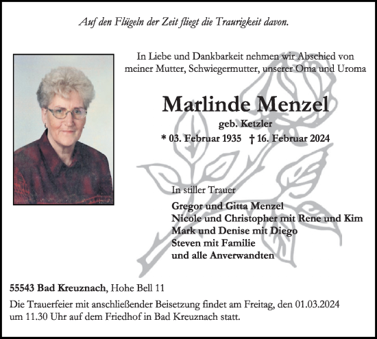 Traueranzeige von Marlinde Menzel von WochenSpiegel