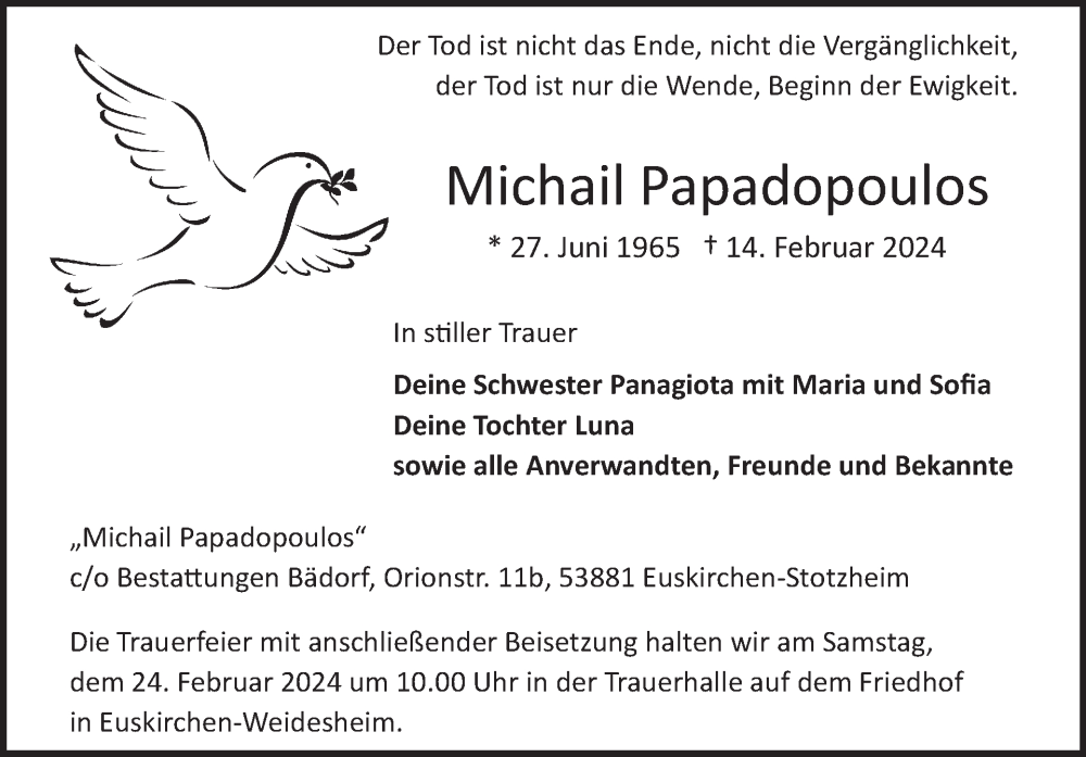  Traueranzeige für Michail Papadopoulos vom 21.02.2024 aus WochenSpiegel