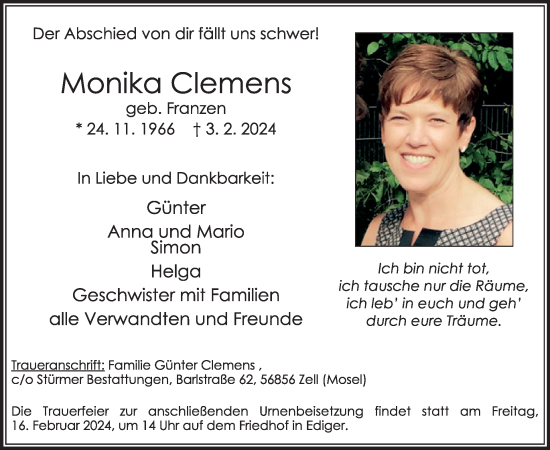 Traueranzeige von Monika Clemens von WochenSpiegel