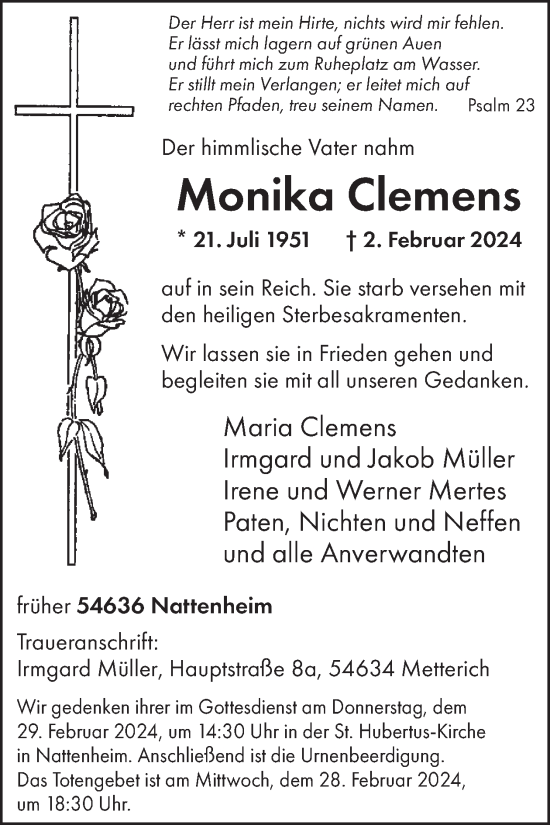 Traueranzeige von Monika Clemens von WochenSpiegel