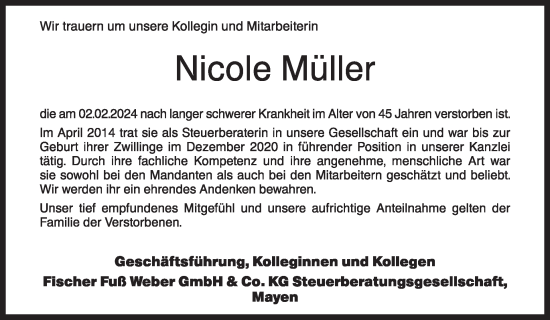 Traueranzeige von Nicole Müller von WochenSpiegel