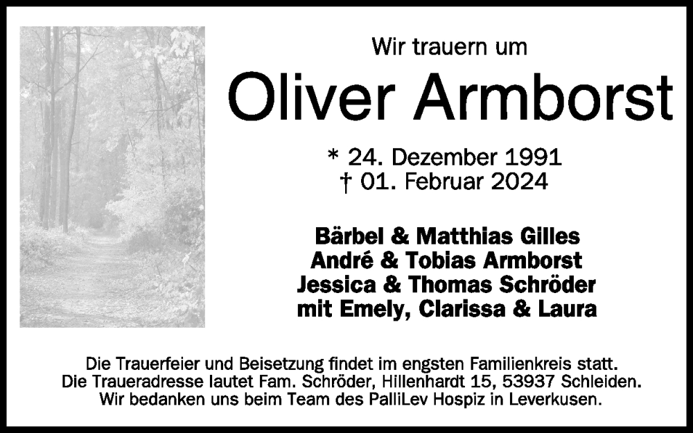  Traueranzeige für Oliver Armborst vom 07.02.2024 aus WochenSpiegel