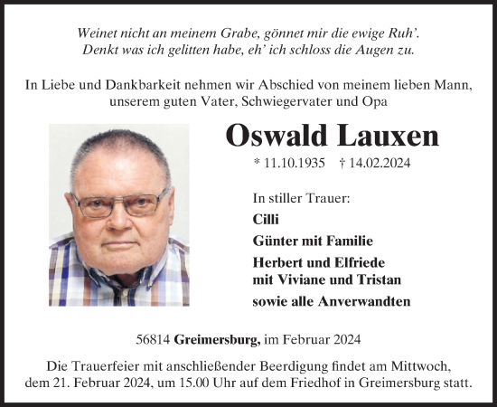 Traueranzeige von Oswald Lauxen von WochenSpiegel