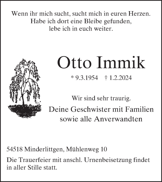 Traueranzeige von Otto Immik von WochenSpiegel