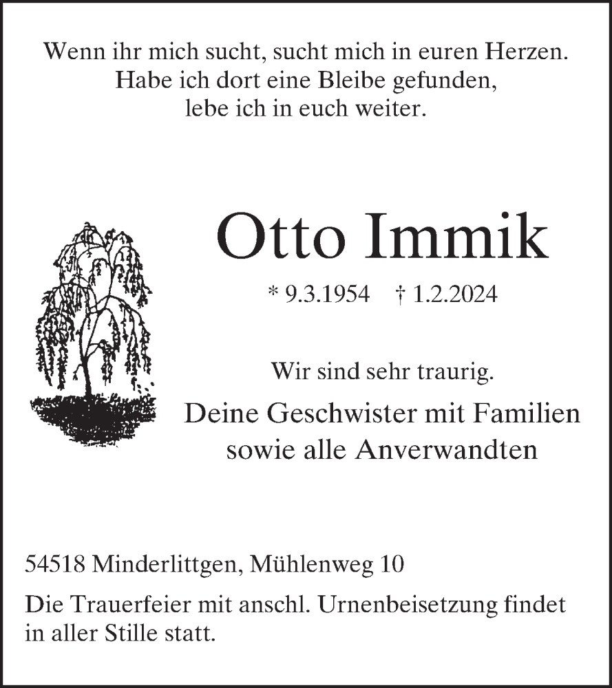  Traueranzeige für Otto Immik vom 01.03.2024 aus WochenSpiegel