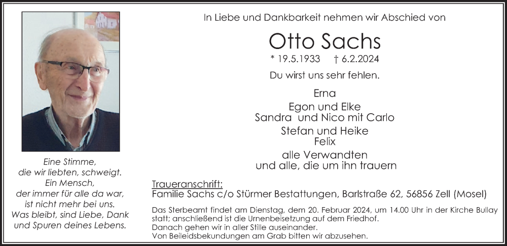 Traueranzeige für Otto Sachs vom 14.02.2024 aus WochenSpiegel