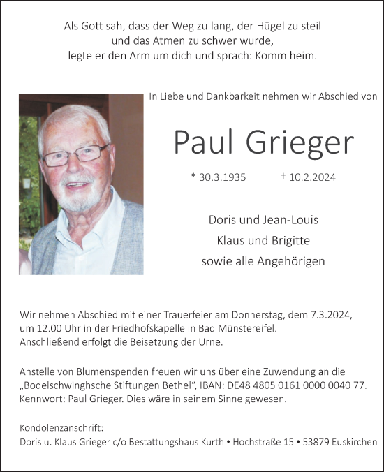 Traueranzeige von Paul Grieger von WochenSpiegel