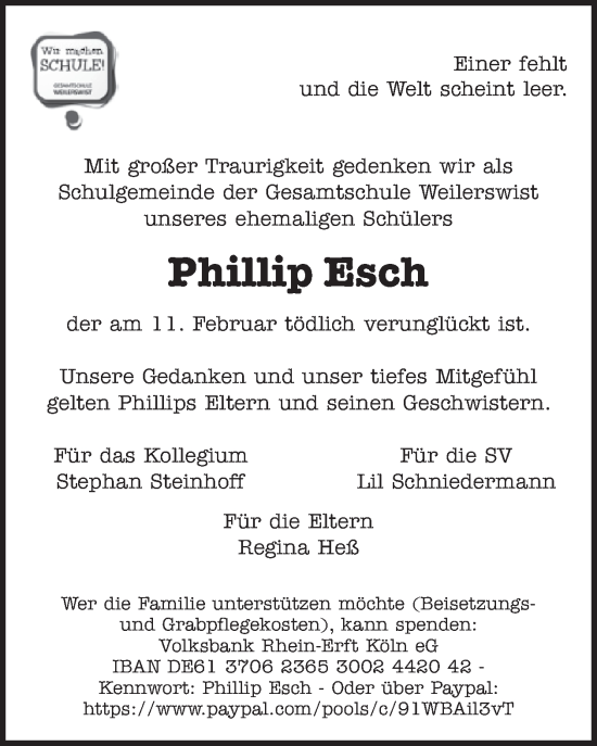 Traueranzeige von Phillip Esch von WochenSpiegel